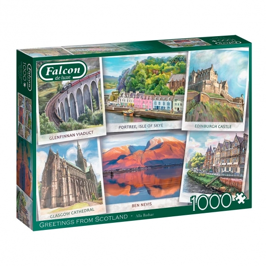 Puzzle 500 peças com ilustração Greetings from Scotland da Falcon de Luxe, EAN 8710126113257 ref 11325