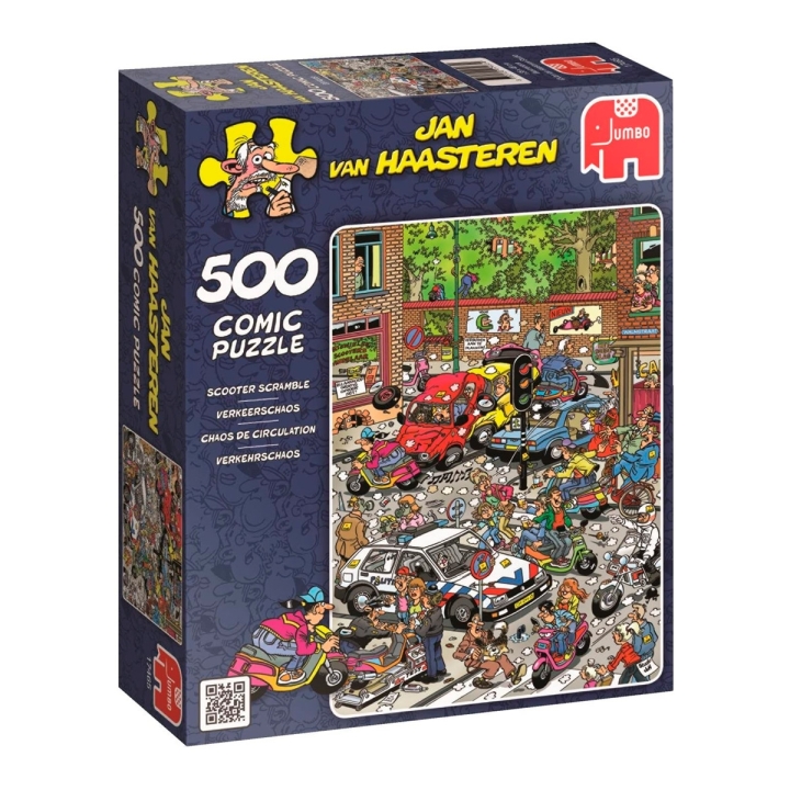 Puzzle comic 150 peças com ilustração Scooter Scramble por Jan Van Haasteren da Jumbo, EAN 8710126174654 ref 17465