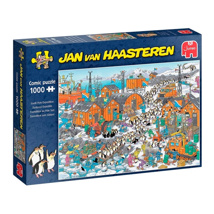 Puzzle comic 1000 peças com ilustração South Pole Expedition por Jan Van Haasteren da Jumbo, EAN 8710126200384 ref 120038