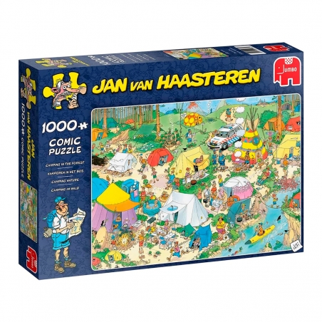 Puzzle comic 1000 peças com ilustração Camping in the Forest por Jan Van Haasteren da Jumbo, EAN 8710126190869 ref 19086