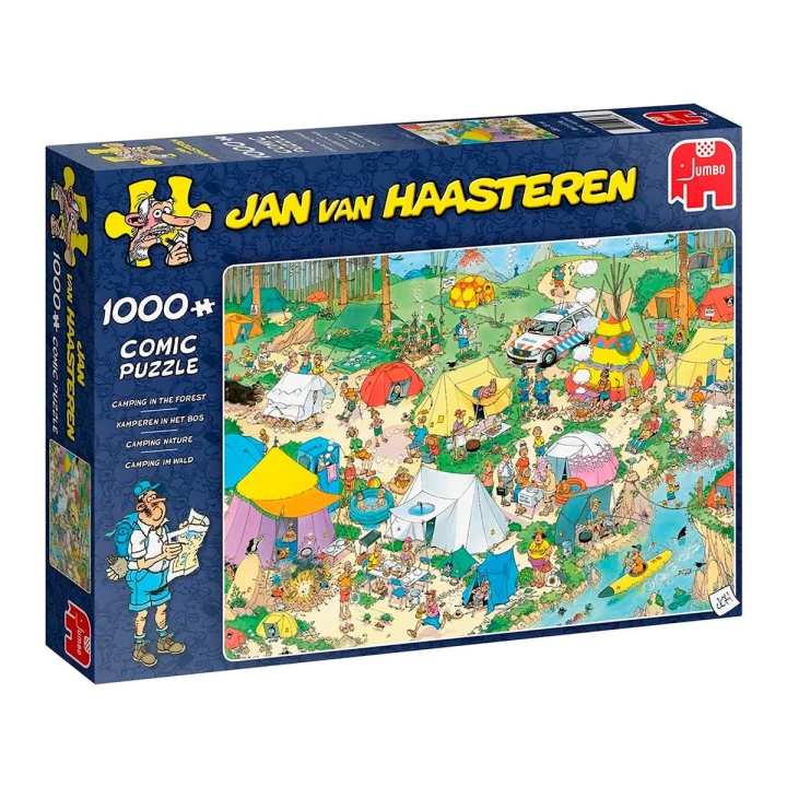 Puzzle comic 1000 peças com ilustração Camping in the Forest por Jan Van Haasteren da Jumbo, EAN 8710126190869 ref 19086